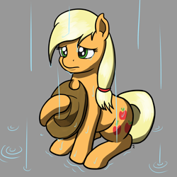 Size: 1280x1280 | Tagged: safe, artist:mkogwheel, imported from derpibooru, applejack, earth pony, pony, /mlp/, applejack's hat, cowboy hat, female, hat, mare, mlpg, rain, sad, sitting, solo