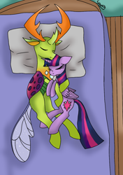 Size: 800x1136 | Tagged: safe, artist:hanayuri-chan, imported from derpibooru, thorax, twilight sparkle, alicorn, changedling, changeling, antlers, bed, cuddling, female, king thorax, male, shipping, sleeping, smiling, snuggling, straight, twilight sparkle (alicorn), twirax