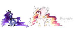 Size: 2122x838 | Tagged: safe, artist:iheyyasyfox, imported from derpibooru, princess celestia, princess luna, alicorn, pony, alternate design, constellation, ethereal mane, hoof shoes, raised hoof, simple background, starry mane, transparent background