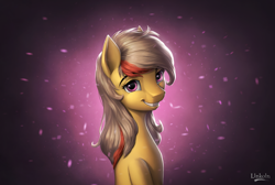 Size: 2876x1929 | Tagged: safe, artist:l1nkoln, imported from derpibooru, oc, oc only, oc:applejuice, earth pony, pony, abstract background, bust, commission, female, high res, mare, portrait, signature, smiling, solo