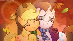 Size: 1280x720 | Tagged: safe, artist:lennonblack, imported from derpibooru, applejack, rarity, earth pony, pony, unicorn, autumn, beautiful, best friends, clothes, cowboy hat, cute, duo, eyes closed, female, freckles, hat, holiday, jackabetes, leaves, mare, nuzzling, raribetes, scarf, side hug, thanksgiving