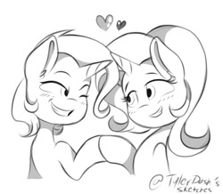 Size: 904x787 | Tagged: safe, artist:tylerdashart, imported from derpibooru, starlight glimmer, trixie, pony, unicorn, black and white, blushing, female, grayscale, heart, lesbian, lineart, looking at each other, mare, monochrome, one eye closed, shipping, sketch, smiling, startrix, wink