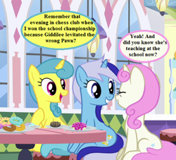 Size: 495x450 | Tagged: safe, edit, edited screencap, imported from derpibooru, screencap, lemon hearts, minuette, twinkleshine, pony, unicorn, amending fences, idw micro series, adorableshine, chess, cropped, cute, dialogue, donut, food, implied giddilee, lemonbetes, minubetes, reminiscing, speech bubble