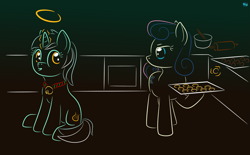 Size: 1165x720 | Tagged: safe, artist:quint-t-w, imported from derpibooru, bon bon, lyra heartstrings, sweetie drops, pony, baking, bell, bell collar, bon bon's baking cookies girls, collar, halo, magic, simple background, sitting, sneaky