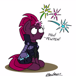 Size: 3991x4054 | Tagged: safe, artist:bobthedalek, imported from derpibooru, fizzlepop berrytwist, tempest shadow, pony, unicorn, broken horn, cute, eye scar, female, fireworks, fizzlepop's fireworks, horn, magic, mare, onomatopoeia, pew pew, pew pew pew, scar, signature, simple background, sitting, solo, tempestbetes, white background