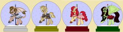 Size: 7472x1968 | Tagged: safe, artist:rosefang16, imported from derpibooru, oc, oc only, oc:apple berry, oc:clockwork (ice1517), oc:flicker (ice1517), oc:white lilly, dracony, earth pony, hybrid, pegasus, pony, icey-verse, bridle, chest fluff, clothes, commission, dress, ear fluff, ear piercing, earring, eyebrow piercing, eyes closed, eyeshadow, female, flower, flower in hair, fluffy, glasses, jewelry, magical lesbian spawn, makeup, male, mare, next generation, nose piercing, offspring, parent:applejack, parent:derpy hooves, parent:doctor whooves, parent:strawberry sunrise, parents:applerise, parents:doctorderpy, piercing, pole, raised hoof, saddle, shoes, simple background, smiling, snow globe, stallion, tack, tan background, wall of tags, ych result