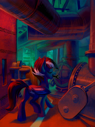 Size: 1280x1712 | Tagged: safe, artist:holivi, imported from derpibooru, oc, oc only, bat pony, pony, bat pony oc, eyes closed, male, mouth hold, smiling, stallion, wrench