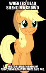 Size: 643x1024 | Tagged: safe, artist:v0jelly, editor:apex soundwave, imported from derpibooru, applejack, earth pony, pony, black background, caption, cowboy hat, cropped, female, hat, image macro, impact font, laughing, relatable, simple background, solo, text