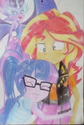 Size: 1291x1920 | Tagged: safe, artist:jeqdor, imported from derpibooru, sci-twi, sunset shimmer, twilight sparkle, equestria girls, equestria girls series, friendship games, confused, glasses, laughing, midnight sparkle, photo, scared, traditional art