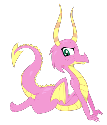 Size: 3336x3884 | Tagged: safe, artist:paskanaakka, derpibooru exclusive, imported from derpibooru, scales (character), dragon, dragoness, fangs, female, prone, scales (g4), simple background, smiling, solo, transparent background, vector