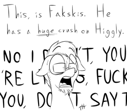 Size: 2160x1900 | Tagged: safe, artist:fakskis, imported from derpibooru, oc, oc only, oc:pencil draft, pony, beard, facial hair, floppy ears, glasses, male, monochrome, open mouth, shrunken pupils, sketch, solo, stallion, swearing, text, vulgar, wide eyes