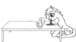 Size: 1285x716 | Tagged: safe, artist:dsb71013, imported from derpibooru, oc, oc only, oc:night cap, pony, chinese food, eating, food, lineart, monochrome, solo, table