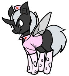 Size: 1547x1702 | Tagged: safe, artist:neoncel, imported from derpibooru, oc, oc only, oc:silver lies, pony, chibi, clothes, medic, socks, solo, white changeling