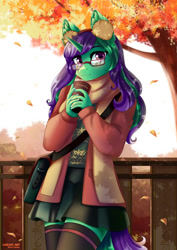 Size: 707x1000 | Tagged: safe, artist:lifejoyart, imported from derpibooru, oc, oc only, oc:buggy code, anthro, unicorn, anthro oc, bag, clothes, coffee, commission, cup, cute, drink, earmuffs, female, glasses, jacket, looking at you, mare, moe, scarf, skirt, smiling, socks, solo, thigh highs, tree, ych result, zettai ryouiki