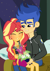 Size: 893x1270 | Tagged: safe, artist:sparkling-sunset-s08, imported from derpibooru, flash sentry, sunset shimmer, equestria girls, equestria girls series, bed, female, flashimmer, flower, male, pillow, romantic, shipping, sitting on lap, straight