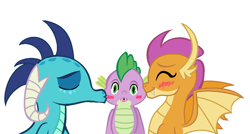 Size: 1117x597 | Tagged: safe, artist:neighsay, imported from derpibooru, princess ember, smolder, spike, dragon, cheek kiss, dragon trio, emberspike, emberspolder, female, kiss on the cheek, kiss sandwich, kissing, lucky bastard, male, polyamory, shipping, spike gets all the dragons, spike gets all the mares, spolder, straight