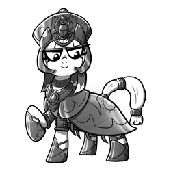 Size: 3000x3000 | Tagged: safe, artist:petirep, imported from derpibooru, oc, oc only, oc:high priestess tathra, beetle, pony, buck legacy, armor, black and white, card art, egyptian, female, grayscale, helmet, jewelry, mare, monochrome, necklace, simple background, solo, thick eyebrows, thick eyelashes, tiara, transparent background