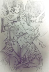 Size: 1006x1484 | Tagged: safe, artist:alienpauline483, imported from derpibooru, sci-twi, sunset shimmer, twilight sparkle, equestria girls, friendship games, armpits, daydream shimmer, midnight sparkle, monochrome, pencil drawing, traditional art