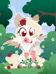 Size: 4000x5259 | Tagged: safe, artist:belka-sempai, imported from derpibooru, oc, oc only, pegasus, pony, bush, cloud, cute, female, flower, flower in hair, grass, lineless, mare, mouth hold, sky, smiling, solo, spread wings, tree, water, watering can, wings