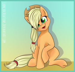 Size: 1530x1470 | Tagged: safe, artist:lioncubcreations, imported from derpibooru, applejack, earth pony, pony, cute, female, head tilt, jackabetes, mare, silly, silly pony, sitting, smiling, solo, text, who's a silly pony