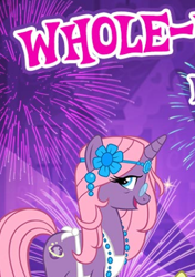 Size: 334x474 | Tagged: safe, imported from derpibooru, cauldron bubbles, pony, unicorn, cropped, flower, flower in hair, gameloft, gameloft shenanigans, hippie, meme, moon, solo, wow! glimmer