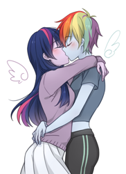 Size: 800x1100 | Tagged: safe, artist:dcon, imported from derpibooru, rainbow dash, twilight sparkle, human, equestria girls, blushing, duo, female, kiss on the lips, kissing, lesbian, shipping, twidash