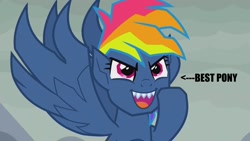 Size: 1280x720 | Tagged: safe, edit, edited screencap, imported from derpibooru, screencap, rainbow dash, secrets and pies, adorabolical, arrow, best pony, caption, cute, cute little fangs, evil grin, evil pie hater dash, fangs, flying, grin, image macro, impact font, overcast, smiling, text