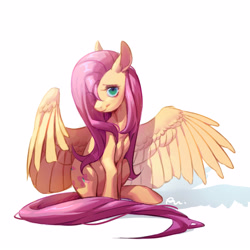 Size: 3500x3500 | Tagged: safe, artist:rocy canvas, imported from derpibooru, fluttershy, pegasus, pony, cute, female, hair over one eye, mare, shyabetes, simple background, sitting, solo, white background