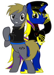 Size: 2136x2972 | Tagged: safe, artist:darkgloones, imported from derpibooru, oc, oc only, oc:darkgloones, oc:fifodevil, earth pony, pony, unicorn, 2019 community collab, derpibooru community collaboration, clothes, costume, hat, male, sailor uniform, simple background, stallion, transparent background, uniform