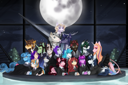 Size: 2926x1949 | Tagged: safe, artist:kingbalberith, imported from derpibooru, oc, oc only, oc:beau de lune, oc:brass chimes, oc:callie sea, oc:cerillia lianore, oc:comet tail, oc:dani lavensbury, oc:emilia rosegold, oc:indra, oc:lacrius, oc:lin apricity, oc:magnus, oc:novella, oc:regalia charlamane, oc:rose shine, oc:saal trevolski, oc:singing night sky, oc:star shine, oc:starry heart, oc:venus, pony, unicorn, antlers, clothes, cutie mark, ear piercing, earring, female, flowing mane, freckles, glasses, group photo, jewelry, leonine tail, looking at you, male, mare in the moon, moon, necktie, nose piercing, piercing, ponytail, smiling, uniform, window