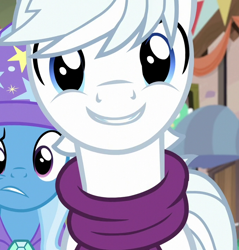 Size: 686x719 | Tagged: safe, imported from derpibooru, screencap, double diamond, trixie, pony, to where and back again, clothes, cropped, female, male, mare, scarf, smiling