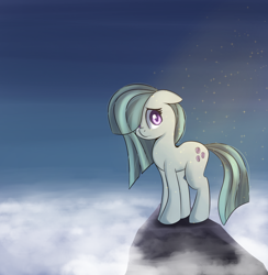 Size: 2066x2121 | Tagged: safe, artist:brok-enwings, imported from derpibooru, marble pie, earth pony, pony, cloud, female, hair over one eye, mare, rock, solo