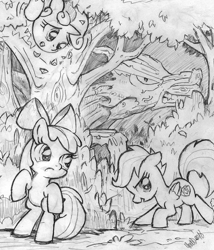 Size: 1024x1197 | Tagged: safe, artist:yewdee, imported from derpibooru, apple bloom, scootaloo, sweetie belle, earth pony, pegasus, pony, timber wolf, unicorn, cutie mark crusaders, female, filly, monochrome, this will end in tears and/or death and/or covered in tree sap, traditional art