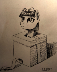 Size: 943x1200 | Tagged: safe, artist:sa1ntmax, imported from derpibooru, twilight sparkle, pony, bow, box, female, filly, gift wrapped, inktober, inktober 2018, monochrome, pony in a box, solo, traditional art