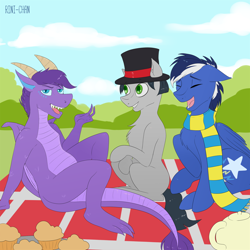 Size: 2000x2000 | Tagged: safe, artist:rinikka, imported from derpibooru, oc, oc only, oc:blue blaze, oc:hatter, oc:lord, dragon, earth pony, pony, unicorn, cloud, cutie mark, food, happy, hat, horns, muffin, picnic, picnic blanket