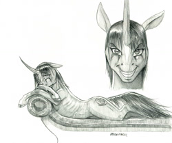 Size: 1024x858 | Tagged: safe, artist:baron engel, imported from derpibooru, oc, oc only, oc:prophecy, pony, unicorn, couch, curved horn, female, floppy ears, grayscale, grin, horn, mare, monochrome, multiple personality, pencil drawing, simple background, smiling, solo, story included, traditional art, white background