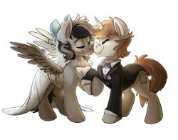 Size: 1280x1005 | Tagged: safe, artist:blitzpony, imported from derpibooru, oc, oc only, pegasus, pony, unicorn, boop, bowtie, chest fluff, clothes, commission, dress, ear fluff, eyes closed, female, holding hooves, horn jewelry, horn ring, jewelry, leg fluff, male, mare, nose wrinkle, noseboop, raised hoof, smiling, spread wings, stallion, suit, wedding dress, wing jewelry, wing ring, wings