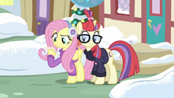 Size: 1280x720 | Tagged: safe, edit, edited screencap, imported from derpibooru, screencap, fluttershy, moondancer, pony, best gift ever, clothes, earmuffs, glasses, snow, sweater