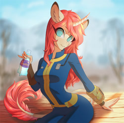 Size: 1280x1270 | Tagged: safe, artist:glorious-rarien, imported from derpibooru, oc, oc only, oc:tarot, anthro, classical unicorn, unicorn, anthro oc, bottle, clothes, cloven hooves, commission, curved horn, digital art, fallout, fallout 4, female, floppy ears, horn, jumpsuit, leonine tail, long mane, long tail, looking at you, mare, no pupils, nuka cola, nuka cola quantum, palomino, pink mane, pipboy, sitting, smiling, solo, unshorn fetlocks, vault suit, ych result