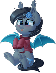 Size: 2501x3258 | Tagged: safe, artist:thegamblehorse, imported from derpibooru, oc, oc only, oc:seachell, bat pony, pony, :p, bat pony oc, chibi, clothes, cute, fangs, female, flower, flower in hair, mare, ocbetes, silly, simple background, sitting, solo, sweater, tongue out, transparent background