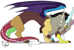 Size: 1024x693 | Tagged: safe, artist:colourstrike, imported from derpibooru, discord, oc, oc:synthia, draconequus, adopted offspring, angry, baby, chest fluff, draconequus oc, duo, eyes closed, father and daughter, female, male, nuzzling, parent:discord, signature, simple background, transparent background