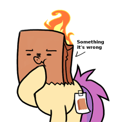 Size: 550x550 | Tagged: safe, artist:paperbagpony, imported from derpibooru, oc, oc only, oc:paper bag, earth pony, pony, :t, covered cutie mark, fake cutie mark, female, fire, frown, grammar error, mare, on fire, paper bag, scrunchy face, simple background, solo, something is not right, thinking, wat, white background