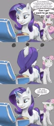 Size: 1280x2964 | Tagged: safe, artist:silfoe, imported from derpibooru, rarity, sweetie belle, pony, unicorn, royal sketchbook, :t, comic, cutie mark, duo, female, filly, gray background, magic, mare, packing, poker face, siblings, simple background, sisters, suitcase, telekinesis, the cmc's cutie marks, yelling