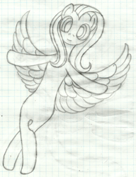 Size: 1284x1675 | Tagged: safe, artist:mfg637, imported from derpibooru, fluttershy, pony, female, flying, graph paper, lined paper, pencil drawing, simple background, sketch, solo, spread wings, traditional art, wings