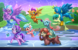 Size: 5100x3300 | Tagged: safe, artist:imdrunkontea, imported from derpibooru, cozy glow, gallus, ocellus, sandbar, silverstream, smolder, starlight glimmer, yona, changedling, changeling, classical hippogriff, dragon, earth pony, griffon, hippogriff, pegasus, pony, unicorn, yak, marks for effort, season 8, spoiler:s08, absurd resolution, bow, chocolate, cloven hooves, crossed arms, dragoness, empathy cocoa, everfree northwest, female, filly, flying, food, glowing horn, hair bow, holding a pony, hot chocolate, lead, magic, male, mare, marshmallow, monkey swings, paws, school, student six, teenager, telekinesis