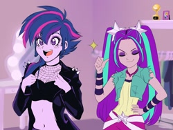 Size: 1600x1200 | Tagged: safe, alternate version, artist:rileyav, edit, imported from derpibooru, aria blaze, twilight sparkle, equestria girls, alternate hairstyle, clothes, diamond eyes, duo, eyes closed, eyeshadow, female, jacket, leather jacket, makeup, punklight sparkle, thumbs up, wingding eyes