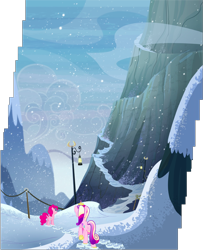 Size: 1236x1522 | Tagged: safe, composite screencap, edit, edited screencap, editor:frustration in excelsis, imported from derpibooru, screencap, pinkie pie, princess cadance, alicorn, earth pony, pony, party pooped, duo, female, mare, mountain, snow, snowfall, yaket range