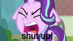 Size: 1280x720 | Tagged: safe, edit, edited screencap, imported from derpibooru, screencap, starlight glimmer, pony, unicorn, the parent map, eyes closed, female, floppy ears, mare, reaction image, shut up, solo, text edit