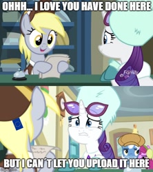 Size: 500x562 | Tagged: safe, edit, edited screencap, imported from derpibooru, screencap, derpy hooves, rarity, pegasus, pony, unicorn, best gift ever, article 13, caption, comic, female, glasses, grammar error, hat, image macro, mare, meme, post office, screencap comic, stop article 13, text