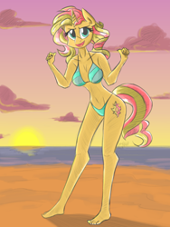 Size: 1200x1600 | Tagged: safe, artist:flutterthrash, imported from derpibooru, sunset shimmer, anthro, plantigrade anthro, unicorn, beach, belly button, bikini, breasts, busty sunset shimmer, clothes, sand, sun, sunset, swimsuit